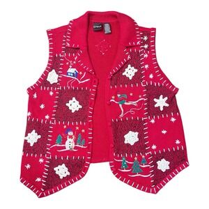 Vtg Erika Christmas Sweater Vest Womens Sz L Red Novelty Embroidered Holiday